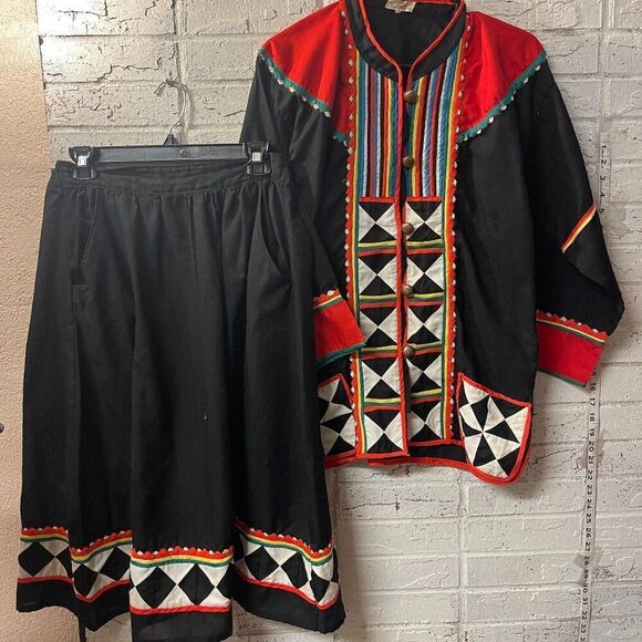 VERY RARE Vintage Handmade Patchwork Tribal Jacket & Skirt Set  Geometric Design - Picture 1 of 15
